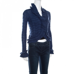 Pre Owned Emporio Armani Blue Patterned Knit Ruffled Long Sleeve Shrug S