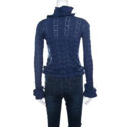 Pre Owned Emporio Armani Blue Patterned Knit Ruffled Long Sleeve Shrug S