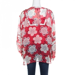 Pre Owned Emporio Armani Red and White Floral Printed Silk Neck Tie Detail Blouse XL