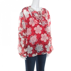 Pre Owned Emporio Armani Red and White Floral Printed Silk Neck Tie Detail Blouse XL