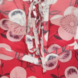 Pre Owned Emporio Armani Red and White Floral Printed Silk Neck Tie Detail Blouse XL