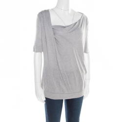 Pre Owned Emporio Armani Grey Modal and Silk Jersey Asymmetric Draped Front Top L