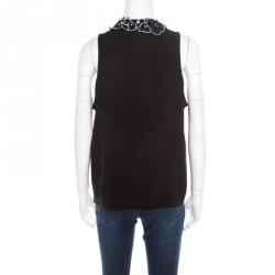 Pre Owned Emporio Armani Black Floral Applique Neck Detail Sleeveless Blouse L