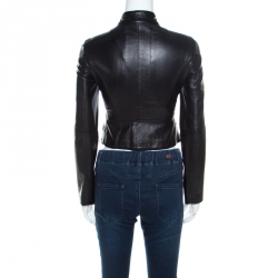 Pre Owned Emporio Armani Black Leather Paneled Cropped Moto Jacket S