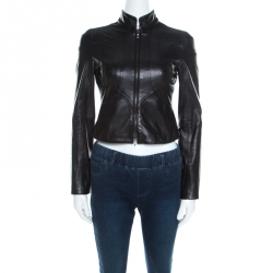 Pre Owned Emporio Armani Black Leather Paneled Cropped Moto Jacket S