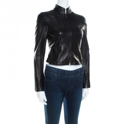 Pre Owned Emporio Armani Black Leather Paneled Cropped Moto Jacket S