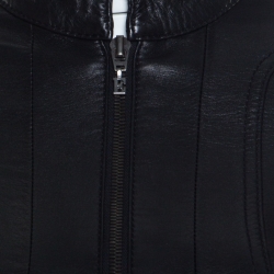 Pre Owned Emporio Armani Black Leather Paneled Cropped Moto Jacket S