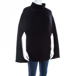 Pre Owned Emporio Armani Black Chunky Rib Knit Cotton Wool Turtleneck Cape M