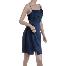 Pre Owned Emporio Armani Navy Silk Dress with Black Floral Embellishment