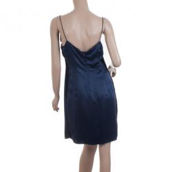 Pre Owned Emporio Armani Navy Silk Dress with Black Floral Embellishment