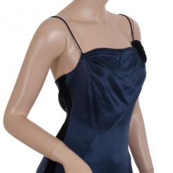 Pre Owned Emporio Armani Navy Silk Dress with Black Floral Embellishment