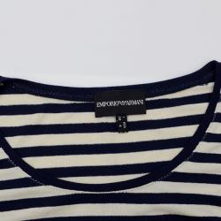 Pre Owned Emporio Armani Navy Blue and White Striped T-shirt with Bow Size S