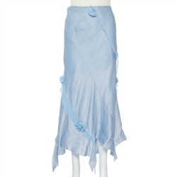 Blue Linen & Silk Floral Applique Trim Detail Midi Skirt
