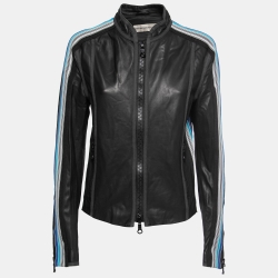 Pre Owned Emporio Armani Vintage Black Leather Contrast Trimmed Jacket XL