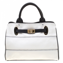 Pre Owned Emporio Armani White/Blue Coated Canvas and Leather Tote