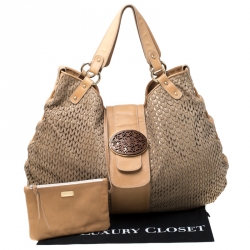 Pre Owned Emporio Armani Beige/Light Brown Lasercut Suede and Leather Hobo