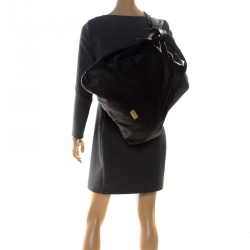 Pre Owned Emporio Armani Black Pleated Leather Sling Hobo