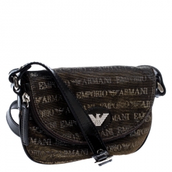 Emporio Armani Black/Gold Signature Print Lame Fabric Flap Crossbody Bag