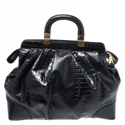 Pre Owned Emporio Armani  Black Croc Embossed Leather Satchel
