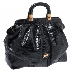 Pre Owned Emporio Armani  Black Croc Embossed Leather Satchel