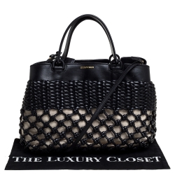 Emporio Armani Black/Beige Leather and Canvas Woven Knot Shoulder Bag
