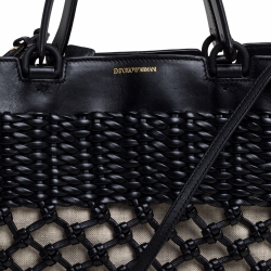Emporio Armani Black/Beige Leather and Canvas Woven Knot Shoulder Bag