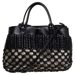Emporio Armani Black/Beige Leather and Canvas Woven Knot Shoulder Bag