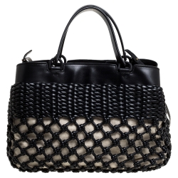 Emporio Armani Black/Beige Leather and Canvas Woven Knot Shoulder Bag