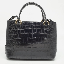 Pre Owned Emporio Armani Black Croc Embossed Leather Small Beverly Tote