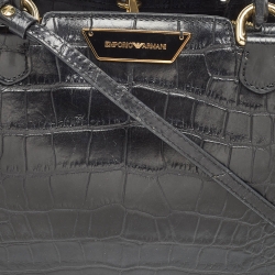 Pre Owned Emporio Armani Black Croc Embossed Leather Small Beverly Tote