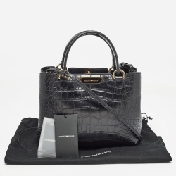 Pre Owned Emporio Armani Black Croc Embossed Leather Small Beverly Tote
