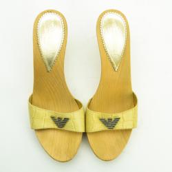Emporio Armani Cream Croc Embossed Wooden Clogs Size 38
