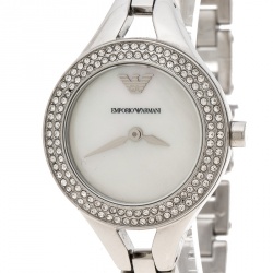 Pre Owned Emporio Armani White Mother of Pearl Stainless Steel Chiara AR8038 Women's Wristwatch 28 mm 