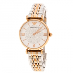 Pre Owned Emporio Armani White Crystal Two Tone Stainless Steel AR1926 Women's Wristwatch 32MM