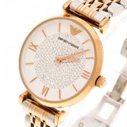 Pre Owned Emporio Armani White Crystal Two Tone Stainless Steel AR1926 Women's Wristwatch 32MM