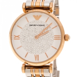 Pre Owned Emporio Armani White Crystal Two Tone Stainless Steel AR1926 Women's Wristwatch 32MM