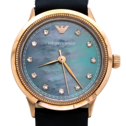 Pre Owned Emporio Armani Black Mother Of Pearl Rose Gold Tone Stainless Steel Leather Classic AR1802 Women's Wristwatch 27 mm