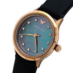 Pre Owned Emporio Armani Black Mother Of Pearl Rose Gold Tone Stainless Steel Leather Classic AR1802 Women's Wristwatch 27 mm