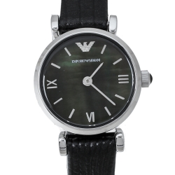Pre Owned Emporio Armani Black Mother Of Pearl Stainless Steel Leather Classic Retro AR1684 Women's Wristwatch 22 mm