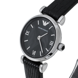 Pre Owned Emporio Armani Black Mother Of Pearl Stainless Steel Leather Classic Retro AR1684 Women's Wristwatch 22 mm