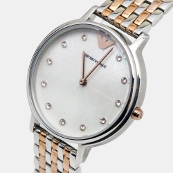 Pre Owned Emporio Armani Mother of Pearl Two Tone Stainless Steel  AR80019 Women's Wristwatch 32 mm &  Earings Set