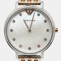 Pre Owned Emporio Armani Mother of Pearl Two Tone Stainless Steel  AR80019 Women's Wristwatch 32 mm &  Earings Set