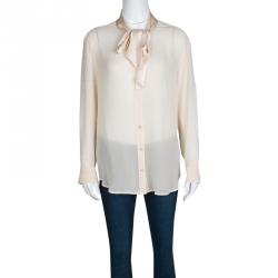 Equipment Beige Silk Neck Tie Detail Long Sleeve Blouse L