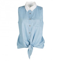 Pre Owned Equipment Blue Contrast Collar Tie Detail Sleeveless Denim Mina Blouse S
