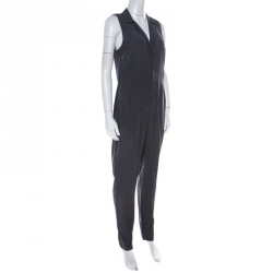 Equipment Navy Blue Polka Dotted Silk Collared Sleeveless Jumpsuit S 