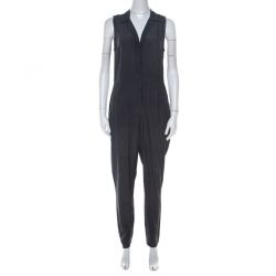 Equipment Navy Blue Polka Dotted Silk Collared Sleeveless Jumpsuit S 