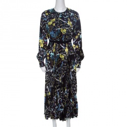 Pre Owned Erdem Black Floral Print Pleated Belted Long Sleeve Rhona Dress S