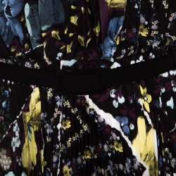 Pre Owned فستان إيرديم رونا أسود مورد مطبوع بطيات وحزام أكمام طويلة S