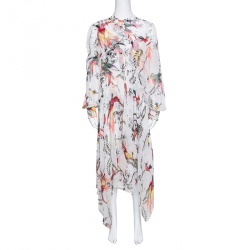 Erdem Parrot Printed Silk Chiffon Printed Handkerchief Hem Kaylah Dress M