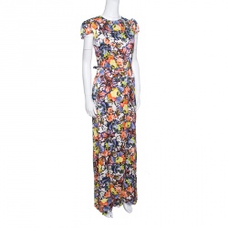 Pre Owned Erdem Floral Printed Silk  Belted Cap Sleeve Aurelia Maxi Dress S